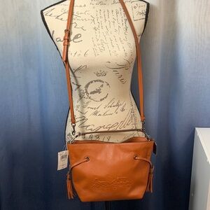 NEW Coach Leather Horsemen Bucket Tote Vibrant Orange Crossbody Bag